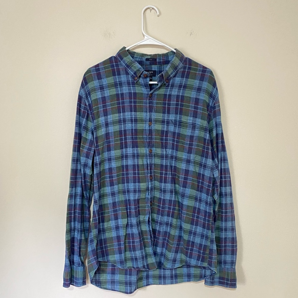 J. Crew Men’s Blue Plaid Homespun Slim-Fit Button Front Shirt Size XL
